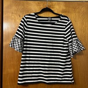 Anne Klein Black & White Striped Short Sleeve Top with Ruffle Sleeves